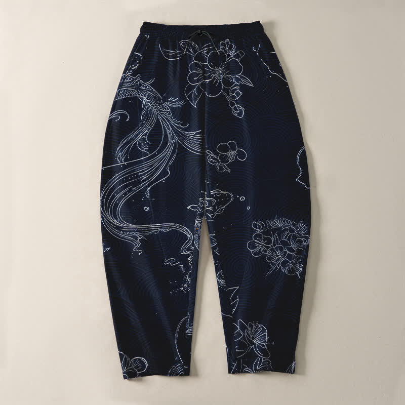 Buddha Stones Pantalones de hombre de algodón puro con estampado floral de olas y cordón ajustable, corte cónico y bolsillos. - image 13
