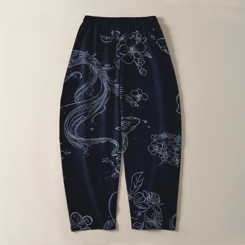 Buddha Stones Pantalones de hombre de algodón puro con estampado floral de olas y cordón ajustable, corte cónico y bolsillos. - image 14