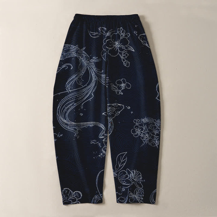 Buddha Stones Pantalones de hombre de algodón puro con estampado floral de olas y cordón ajustable, corte cónico y bolsillos. - image 14