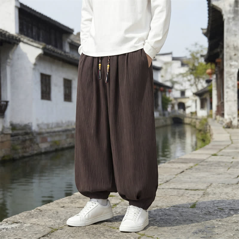Buddha Stones Pantalones tobilleros lisos de estilo vintage con cordón ajustable para hombre, ideales para primavera y otoño. - Tierra de siena - Regular - US/UK/AU48, EU58 (6XL) - image 0