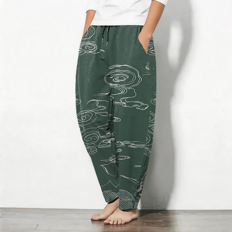 Buddha Stones Pantalones de hombre de algodón puro con estampado de nubes auspiciosas y grullas, con cordón ajustable y bolsillos. - image 1