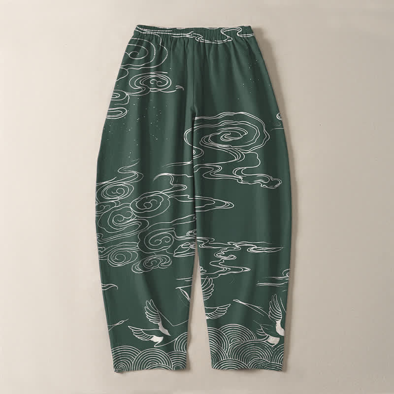 Buddha Stones Pantalones de hombre de algodón puro con estampado de nubes auspiciosas y grullas, con cordón ajustable y bolsillos. - image 3