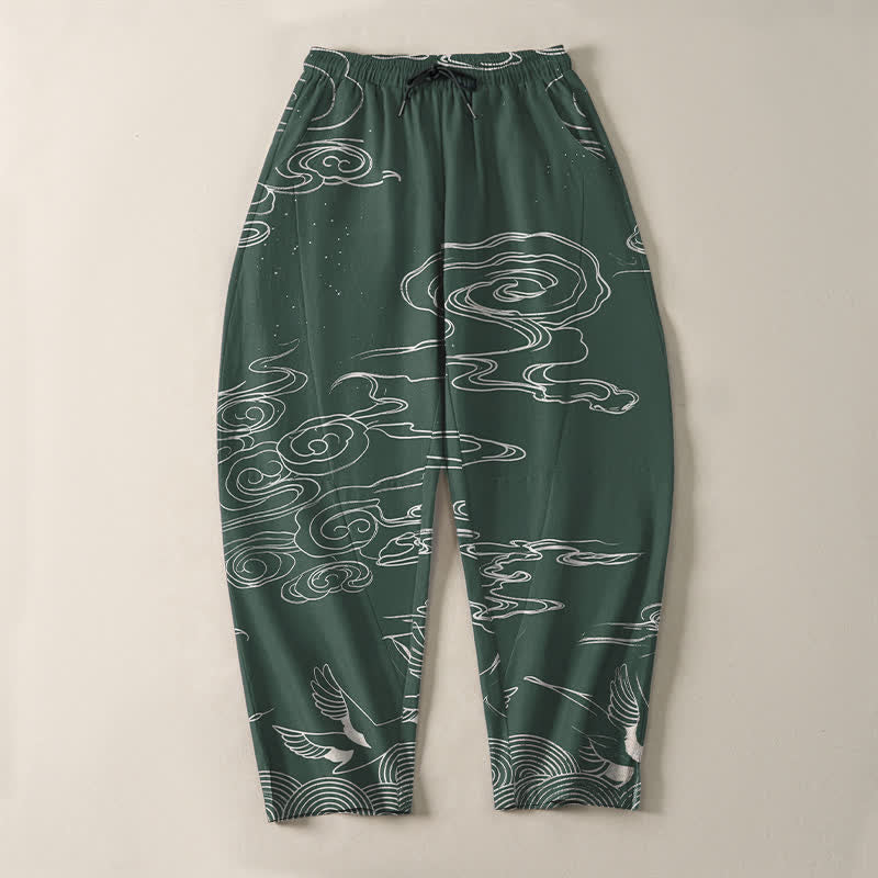 Buddha Stones Pantalones de hombre de algodón puro con estampado de nubes auspiciosas y grullas, con cordón ajustable y bolsillos. - image 2