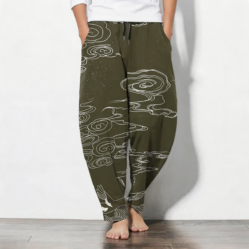 Buddha Stones Pantalones de hombre de algodón puro con estampado de nubes auspiciosas y grullas, con cordón ajustable y bolsillos. - Verde oliva oscuro - US/UK/AU50, EU60 (5XL) - image 7