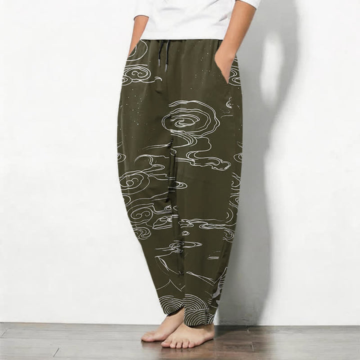 Buddha Stones Pantalones de hombre de algodón puro con estampado de nubes auspiciosas y grullas, con cordón ajustable y bolsillos. - image 8
