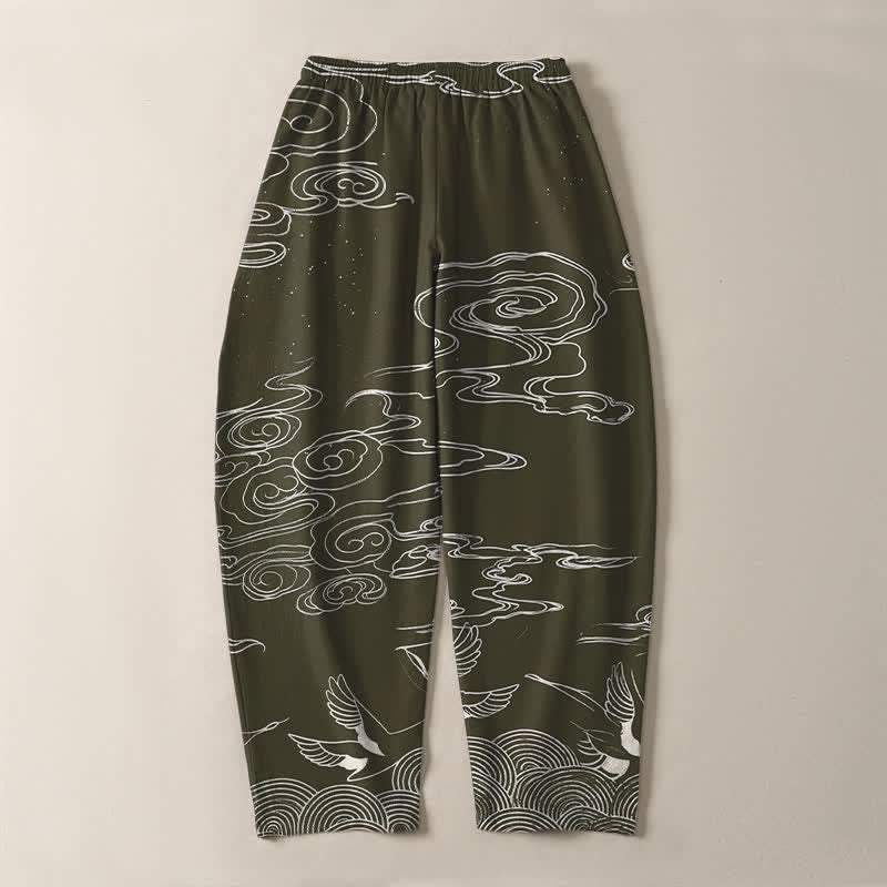Buddha Stones Pantalones de hombre de algodón puro con estampado de nubes auspiciosas y grullas, con cordón ajustable y bolsillos. - image 10