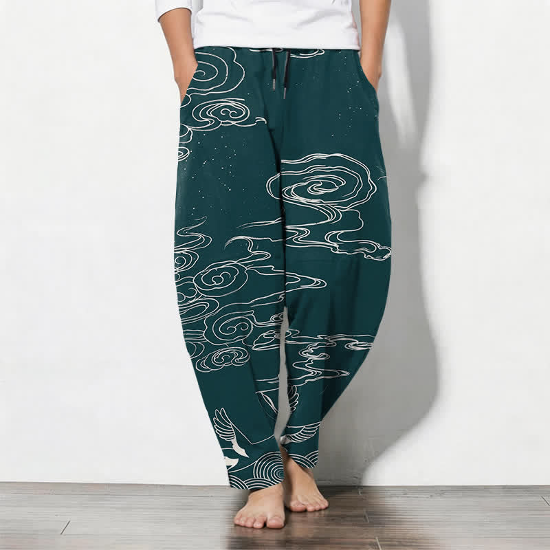 Buddha Stones Pantalones de hombre de algodón puro con estampado de nubes auspiciosas y grullas, con cordón ajustable y bolsillos. - Verde azulado - US/UK/AU50, EU60 (5XL) - image 11