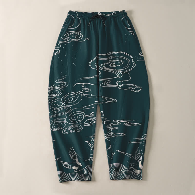 Buddha Stones Pantalones de hombre de algodón puro con estampado de nubes auspiciosas y grullas, con cordón ajustable y bolsillos. - image 13