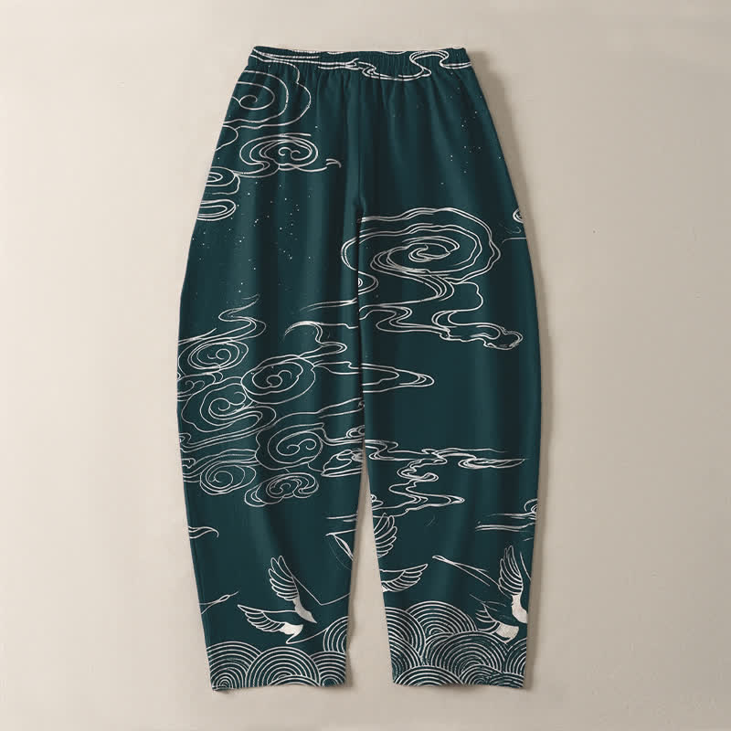 Buddha Stones Pantalones de hombre de algodón puro con estampado de nubes auspiciosas y grullas, con cordón ajustable y bolsillos. - image 14