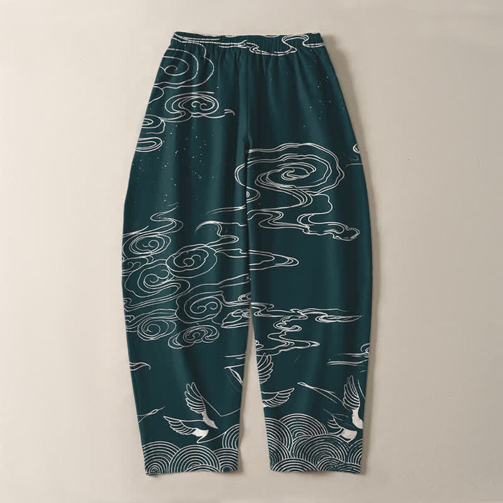 Buddha Stones Pantalones de hombre de algodón puro con estampado de nubes auspiciosas y grullas, con cordón ajustable y bolsillos. - image 14