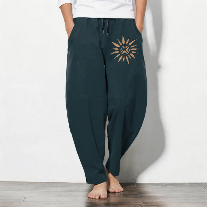 Buddha Stones Pantalones de hombre de algodón puro con estampado de espiral solar, cordón ajustable y corte cónico, con bolsillos. - Verde azulado - US/UK/AU50, EU60 (5XL) - image 7