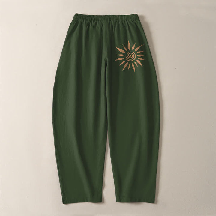 Buddha Stones Pantalones de hombre de algodón puro con estampado de espiral solar, cordón ajustable y corte cónico, con bolsillos. - image 14