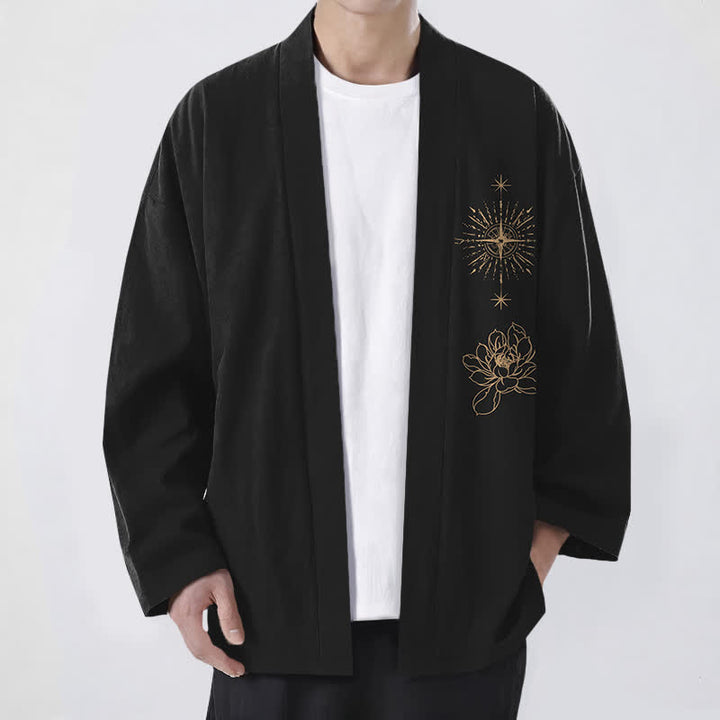 Buddha Stones Kimono de algodón con estampado de loto radiante y abertura frontal para hombre - Negro - US/UK/AU48, UE58 (4XL) - image 0