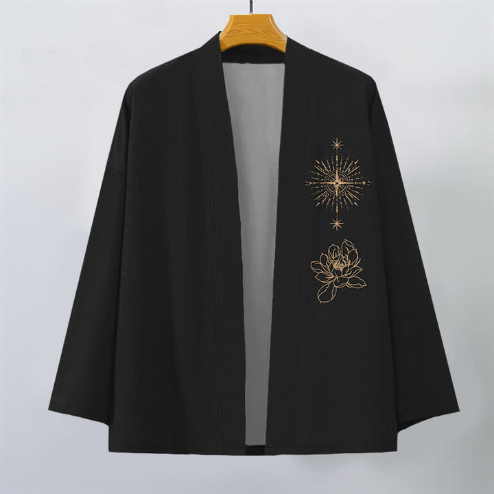 Buddha Stones Kimono de algodón con estampado de loto radiante y abertura frontal para hombre - image 1