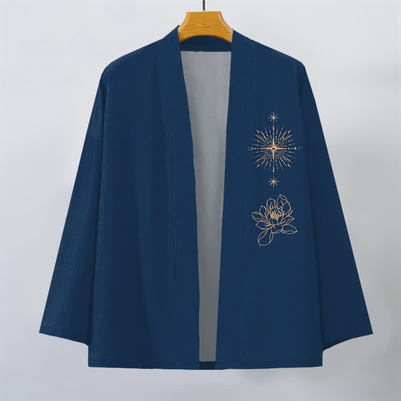 Buddha Stones Kimono de algodón con estampado de loto radiante y abertura frontal para hombre - image 7