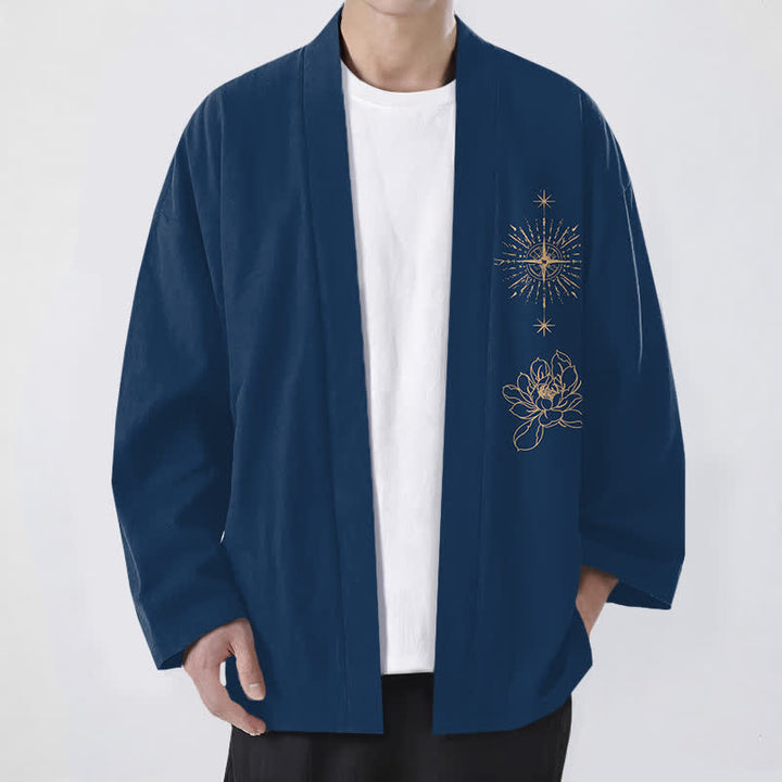 Buddha Stones Kimono de algodón con estampado de loto radiante y abertura frontal para hombre - Marina de guerra - US/UK/AU48, UE58 (4XL) - image 6