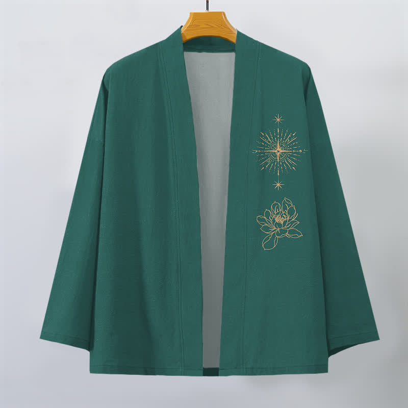 Buddha Stones Kimono de algodón con estampado de loto radiante y abertura frontal para hombre - image 10