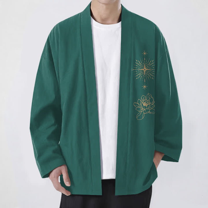 Buddha Stones Kimono de algodón con estampado de loto radiante y abertura frontal para hombre - Verde azulado - US/UK/AU48, UE58 (4XL) - image 9
