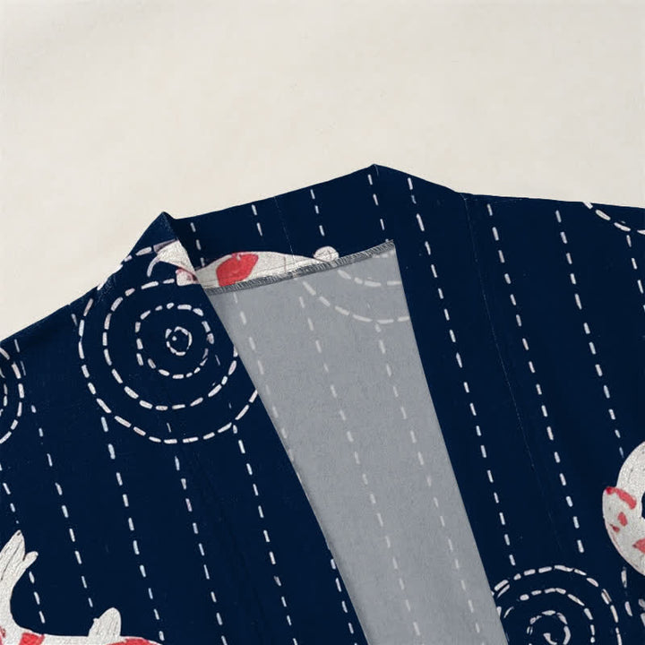 Buddha Stones Kimono de hombre de algodón con estampado de ondas Koi y frente abierto - image 3