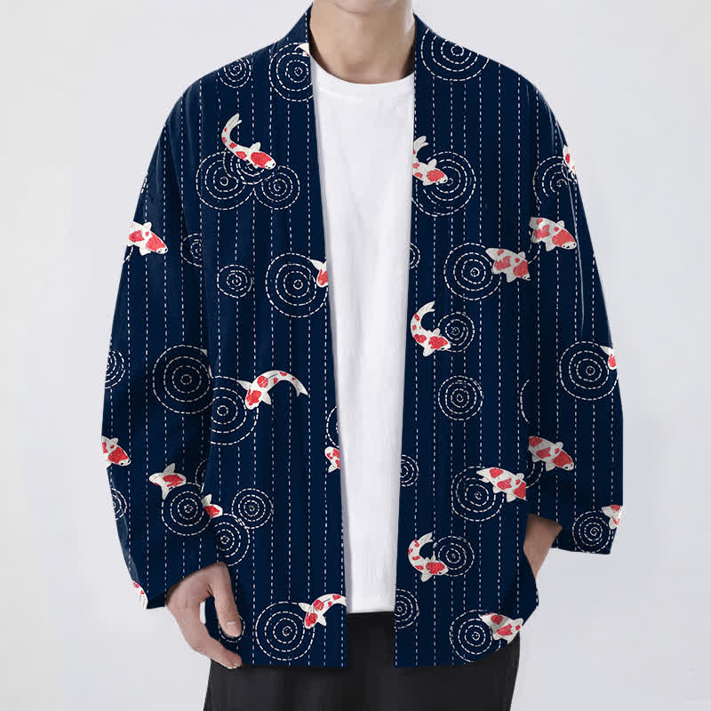 Buddha Stones Kimono de hombre de algodón con estampado de ondas Koi y frente abierto - Marina de guerra - US/UK/AU48, UE58 (4XL) - image 0
