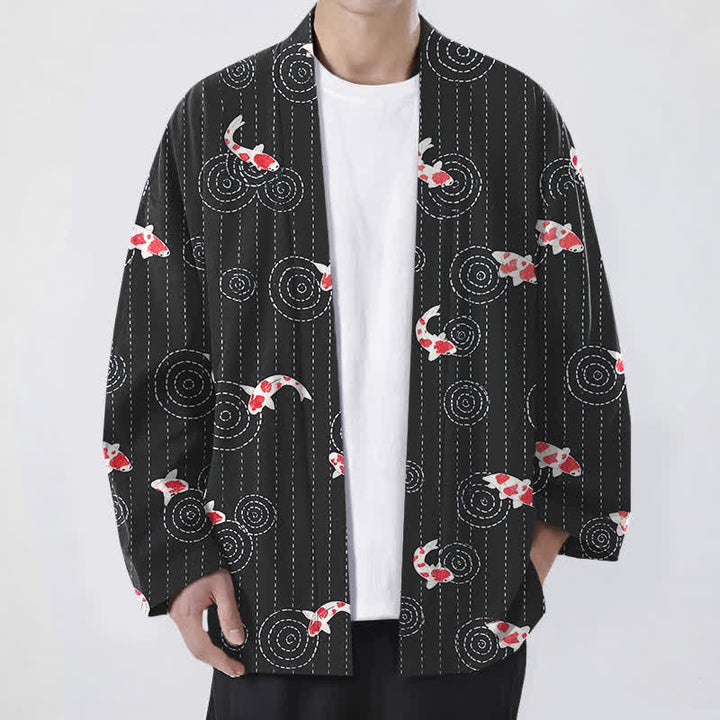 Buddha Stones Kimono de hombre de algodón con estampado de ondas Koi y frente abierto - Negro - US/UK/AU48, UE58 (4XL) - image 6