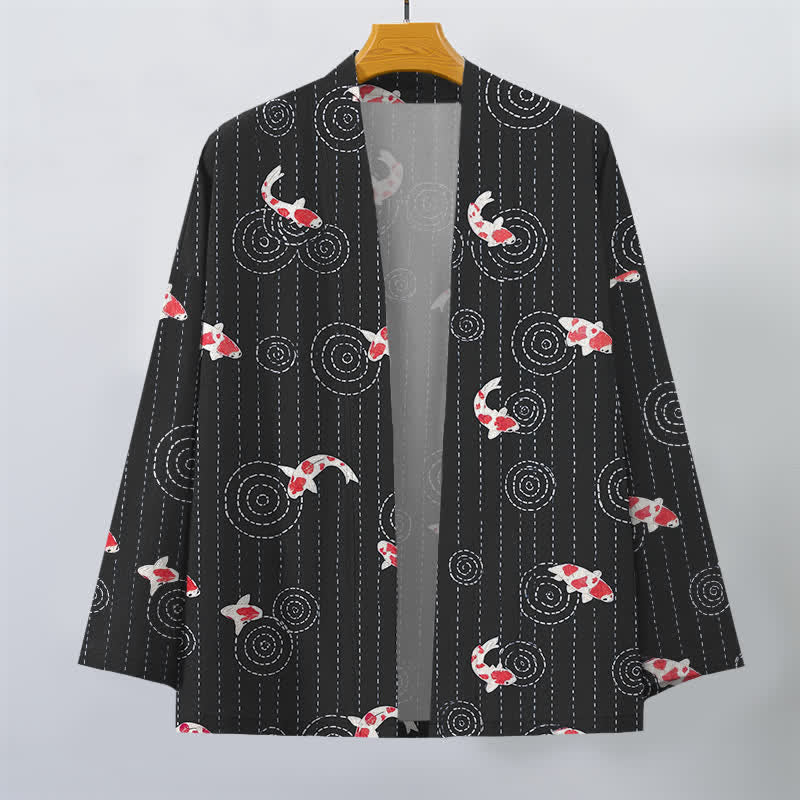 Buddha Stones Kimono de hombre de algodón con estampado de ondas Koi y frente abierto - image 7