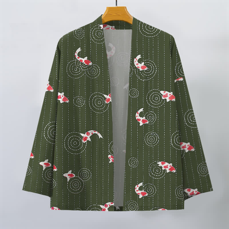 Buddha Stones Kimono de hombre de algodón con estampado de ondas Koi y frente abierto - image 10