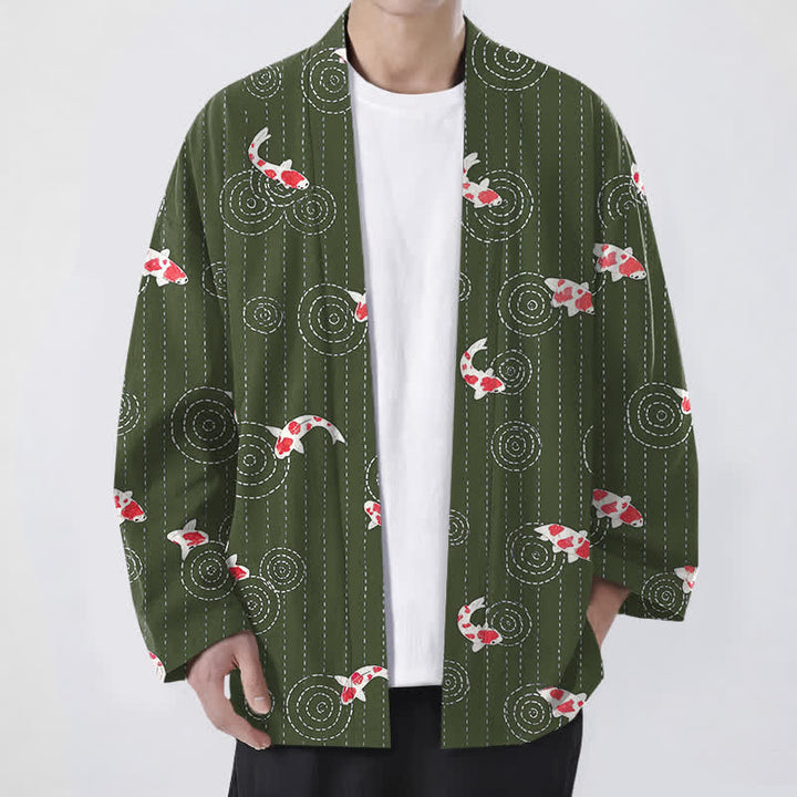 Buddha Stones Kimono de hombre de algodón con estampado de ondas Koi y frente abierto - Verde oliva oscuro - US/UK/AU48, UE58 (4XL) - image 9