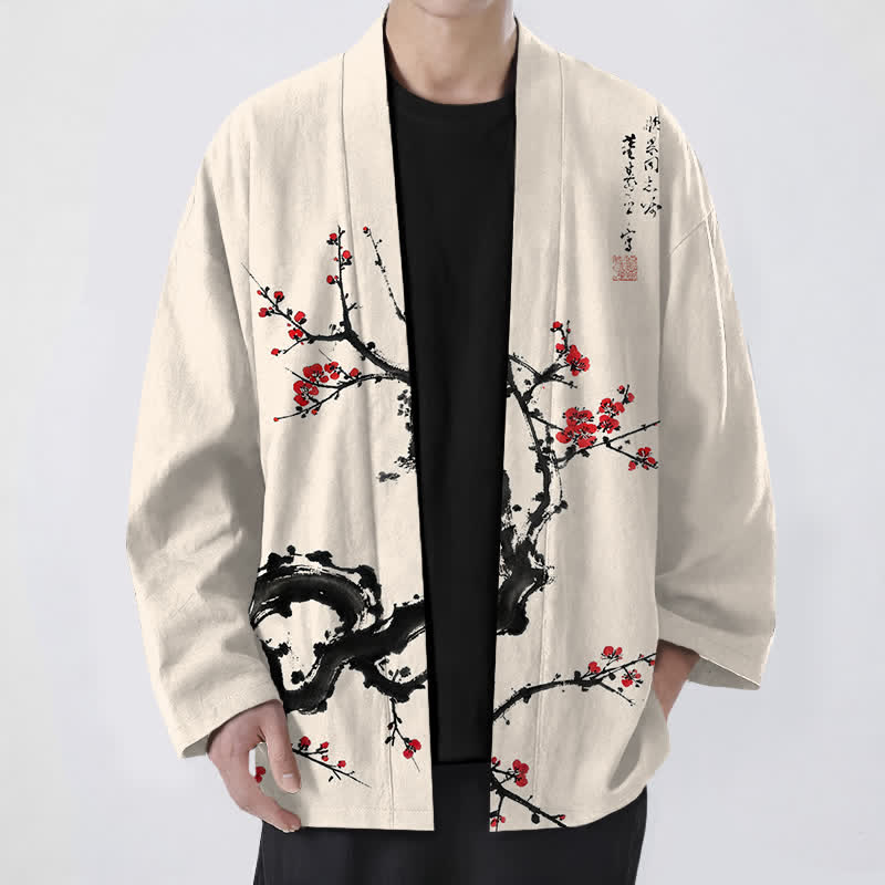 Buddha Stones Kimono de hombre con estampado de flores de ciruelo y frente abierto, color tinta de algodón. - Beige - US/UK/AU48, UE58 (4XL) - image 0