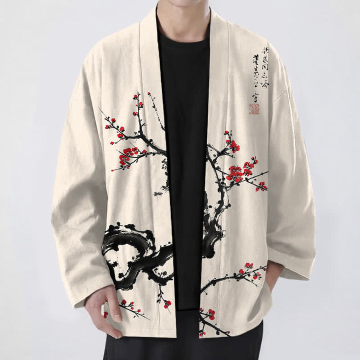 Buddha Stones Kimono de hombre con estampado de flores de ciruelo y frente abierto, color tinta de algodón. - Beige - US/UK/AU48, UE58 (4XL) - image 0