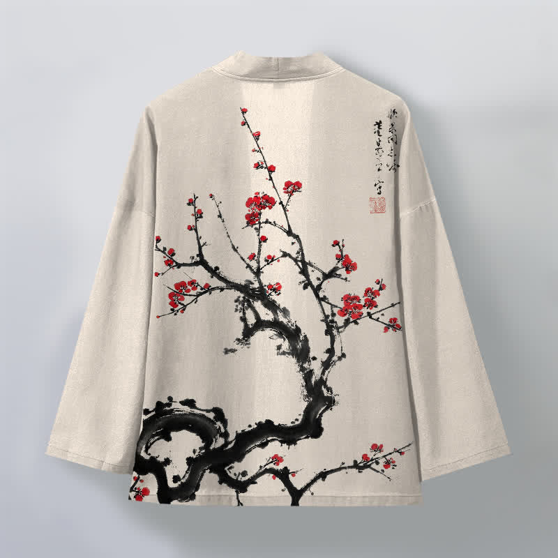 Buddha Stones Kimono de hombre con estampado de flores de ciruelo y frente abierto, color tinta de algodón. - image 2