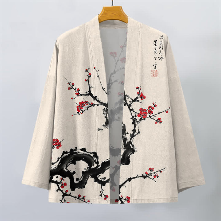 Buddha Stones Kimono de hombre con estampado de flores de ciruelo y frente abierto, color tinta de algodón. - image 1