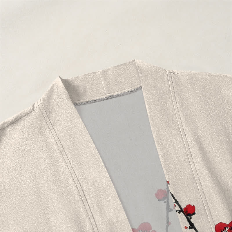 Buddha Stones Kimono de hombre con estampado de flores de ciruelo y frente abierto, color tinta de algodón. - image 3