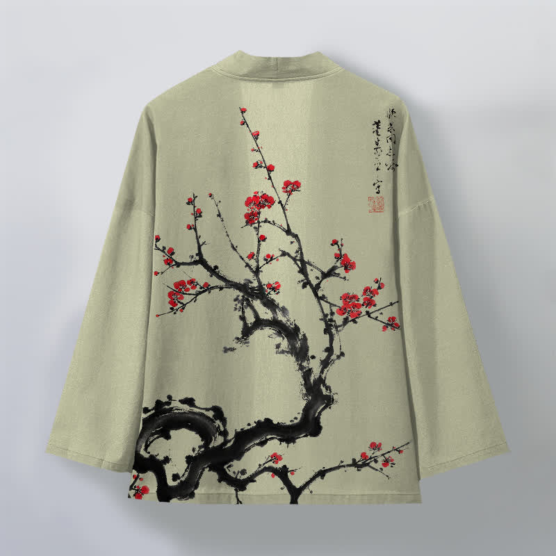 Buddha Stones Kimono de hombre con estampado de flores de ciruelo y frente abierto, color tinta de algodón. - image 8