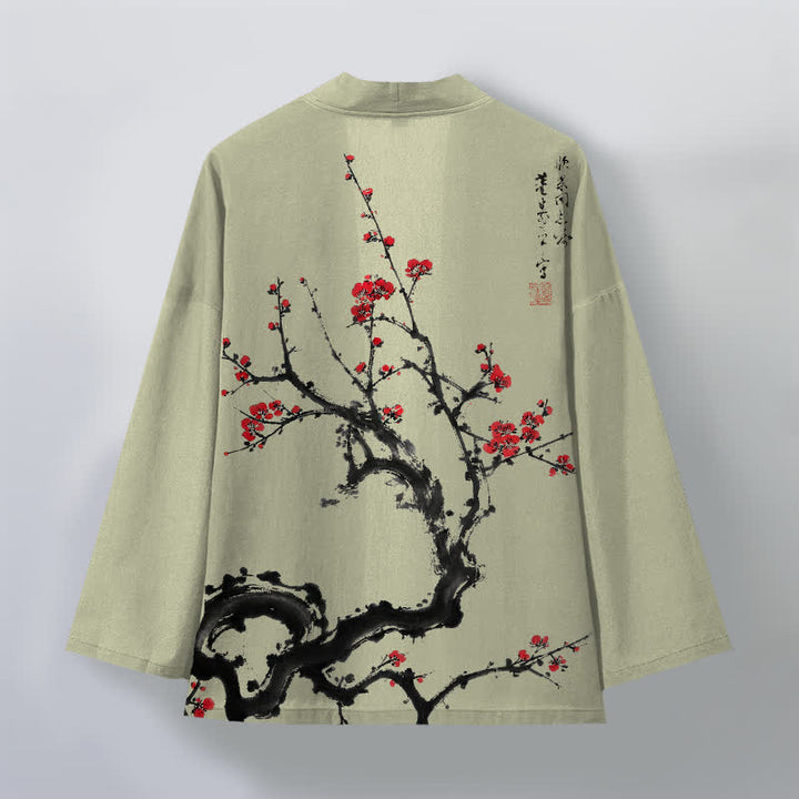 Buddha Stones Kimono de hombre con estampado de flores de ciruelo y frente abierto, color tinta de algodón. - image 8