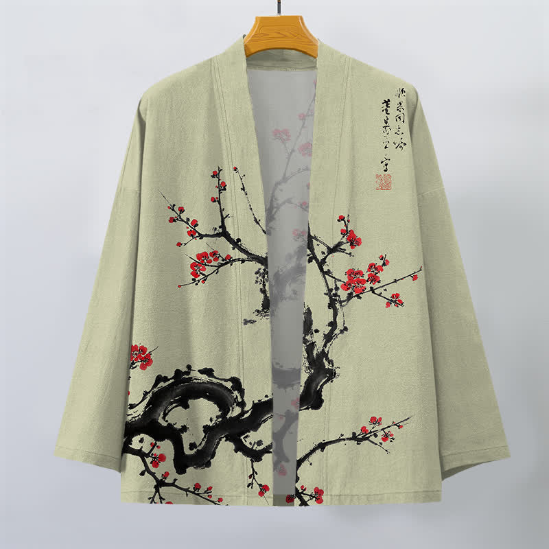 Buddha Stones Kimono de hombre con estampado de flores de ciruelo y frente abierto, color tinta de algodón. - image 7