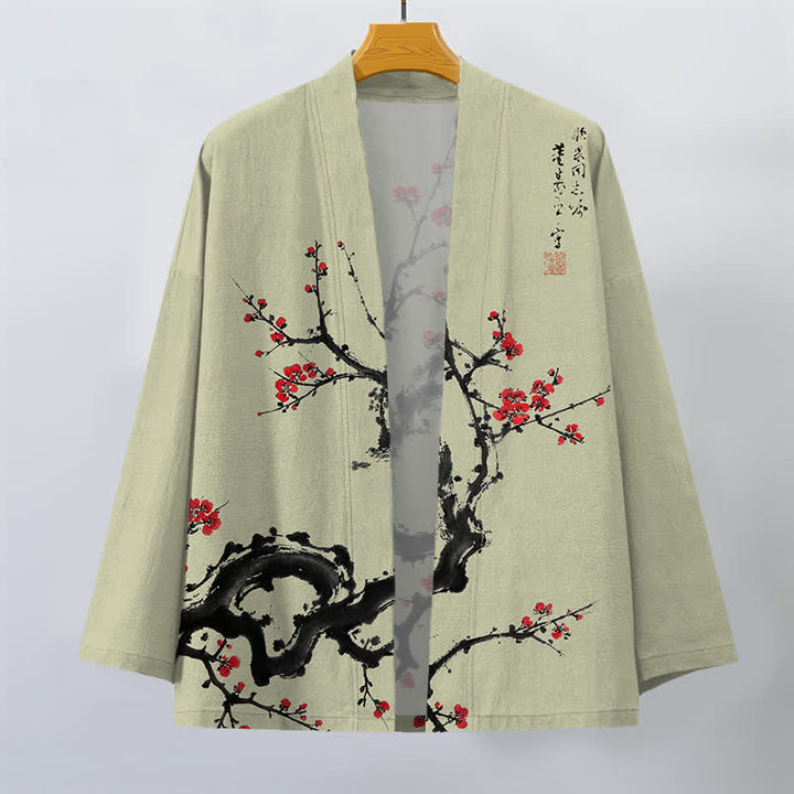 Buddha Stones Kimono de hombre con estampado de flores de ciruelo y frente abierto, color tinta de algodón. - image 7