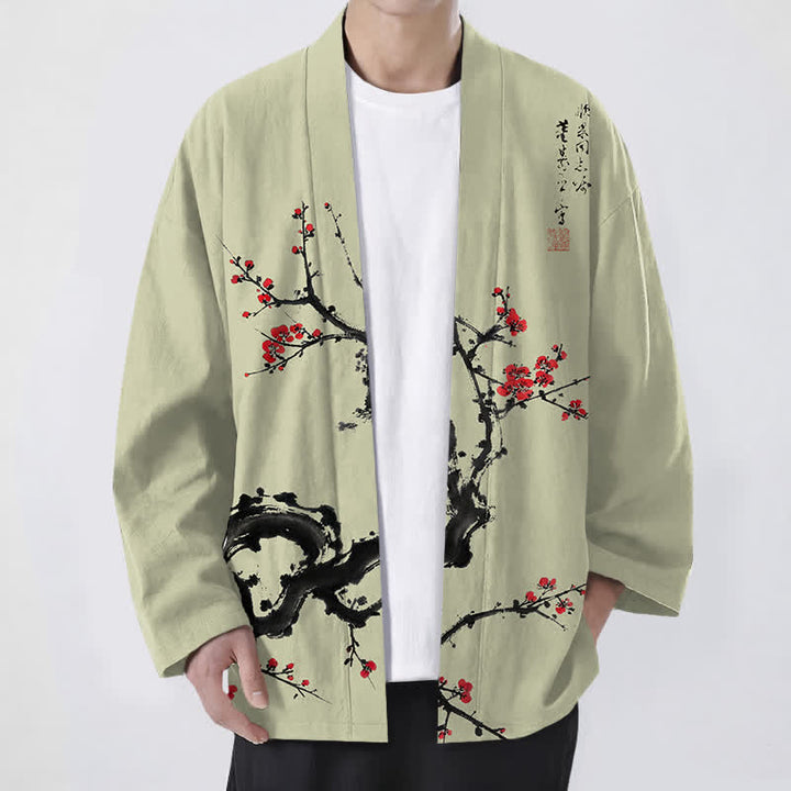Buddha Stones Kimono de hombre con estampado de flores de ciruelo y frente abierto, color tinta de algodón. - VerdeAmarillo - US/UK/AU48, UE58 (4XL) - image 6