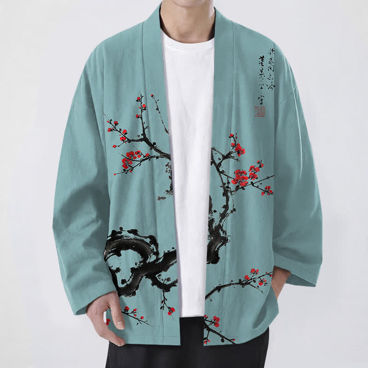 Buddha Stones Kimono de hombre con estampado de flores de ciruelo y frente abierto, color tinta de algodón. - Turquesa - US/UK/AU48, UE58 (4XL) - image 9
