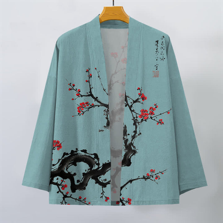 Buddha Stones Kimono de hombre con estampado de flores de ciruelo y frente abierto, color tinta de algodón. - image 10