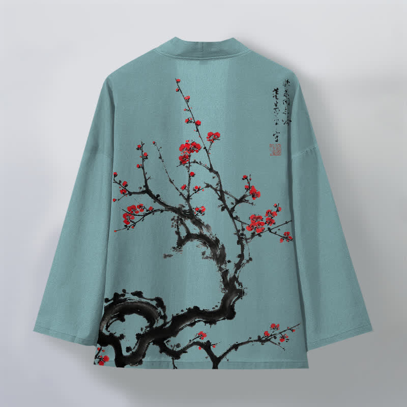 Buddha Stones Kimono de hombre con estampado de flores de ciruelo y frente abierto, color tinta de algodón. - image 11
