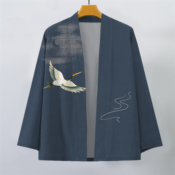 Buddha Stones Kimono de hombre con frente abierto y estampado de grullas de algodón y olas lunares. - image 1