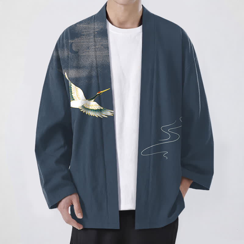 Buddha Stones Kimono de hombre con frente abierto y estampado de grullas de algodón y olas lunares. - Azul acero - US/UK/AU48, UE58 (4XL) - image 0