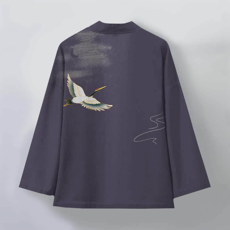 Buddha Stones Kimono de hombre con frente abierto y estampado de grullas de algodón y olas lunares. - image 8
