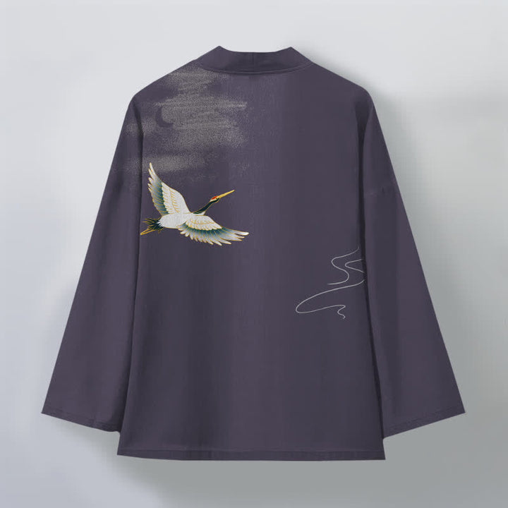 Buddha Stones Kimono de hombre con frente abierto y estampado de grullas de algodón y olas lunares. - image 8