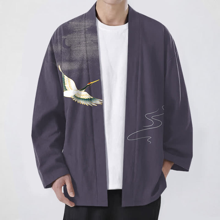 Buddha Stones Kimono de hombre con frente abierto y estampado de grullas de algodón y olas lunares. - Morado medio - US/UK/AU48, UE58 (4XL) - image 6