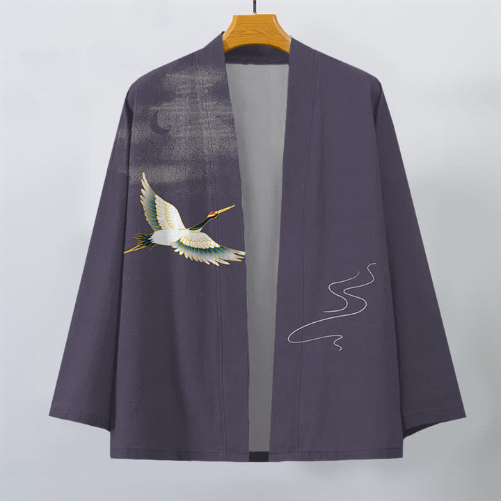 Buddha Stones Kimono de hombre con frente abierto y estampado de grullas de algodón y olas lunares. - image 7