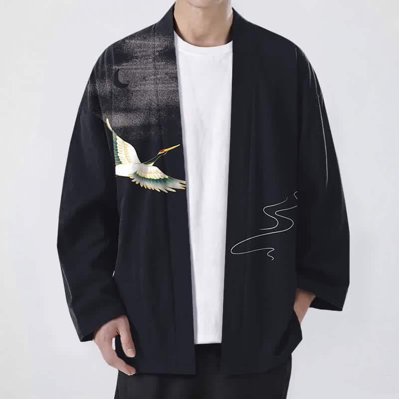 Buddha Stones Kimono de hombre con frente abierto y estampado de grullas de algodón y olas lunares. - Negro - US/UK/AU48, UE58 (4XL) - image 9