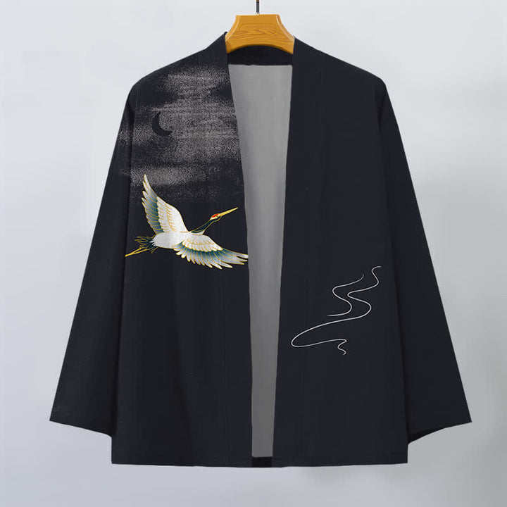 Buddha Stones Kimono de hombre con frente abierto y estampado de grullas de algodón y olas lunares. - image 10