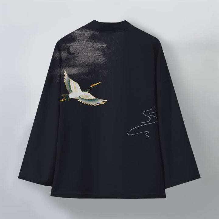 Buddha Stones Kimono de hombre con frente abierto y estampado de grullas de algodón y olas lunares. - image 11